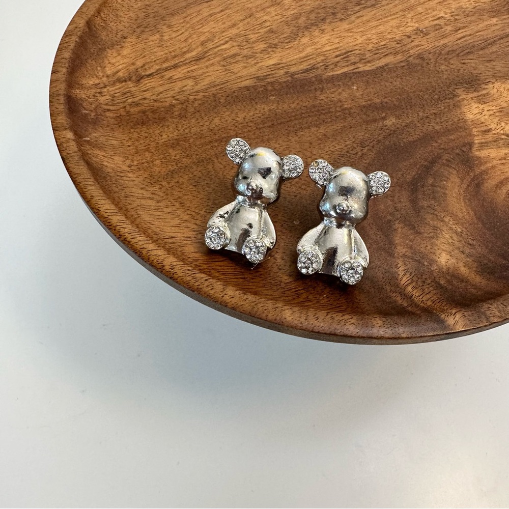 4/$15 Silver Gloomy Bear Rhinestone Crystals Earrings